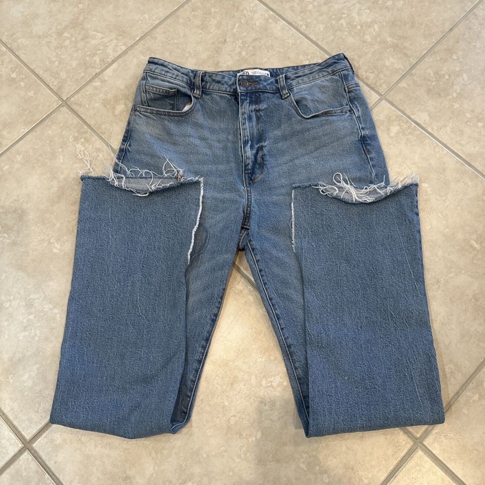 Zara Denim Jeans Raw Split Hem High Waist Mom Jeans Strech Womans‎ Size 8 USA